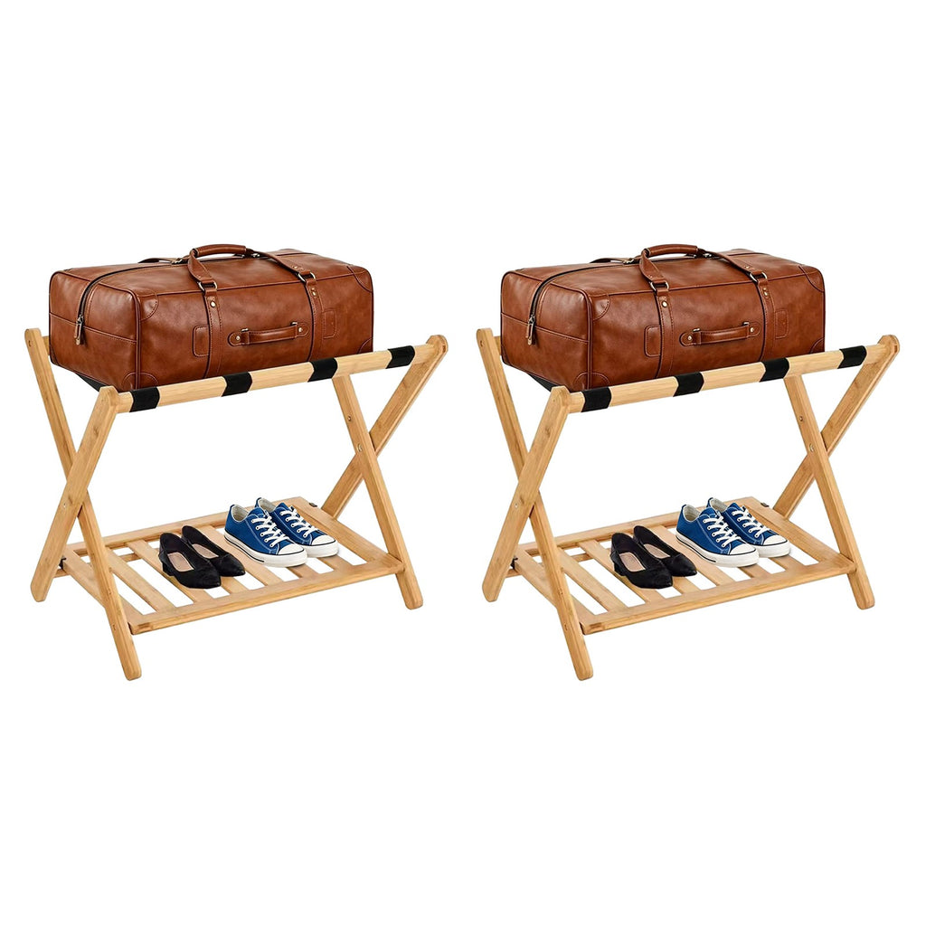 Foldable Wooden Luggage Rack with Dual-Tier Design for Hotel & Home