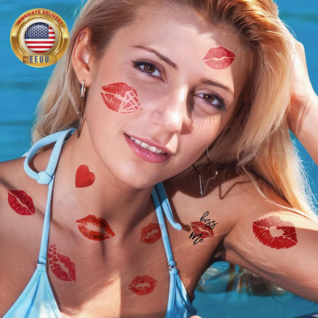 Temporary Lip Tattoo Set - 12 Sheets Red Kiss Heart Print Lip Stick Tattoos