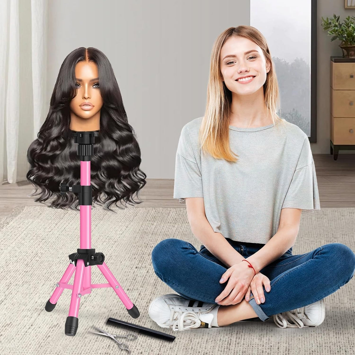 Adjustable Tripod Wig Stand - 25-Inch Mannequin Head Holder in Pink