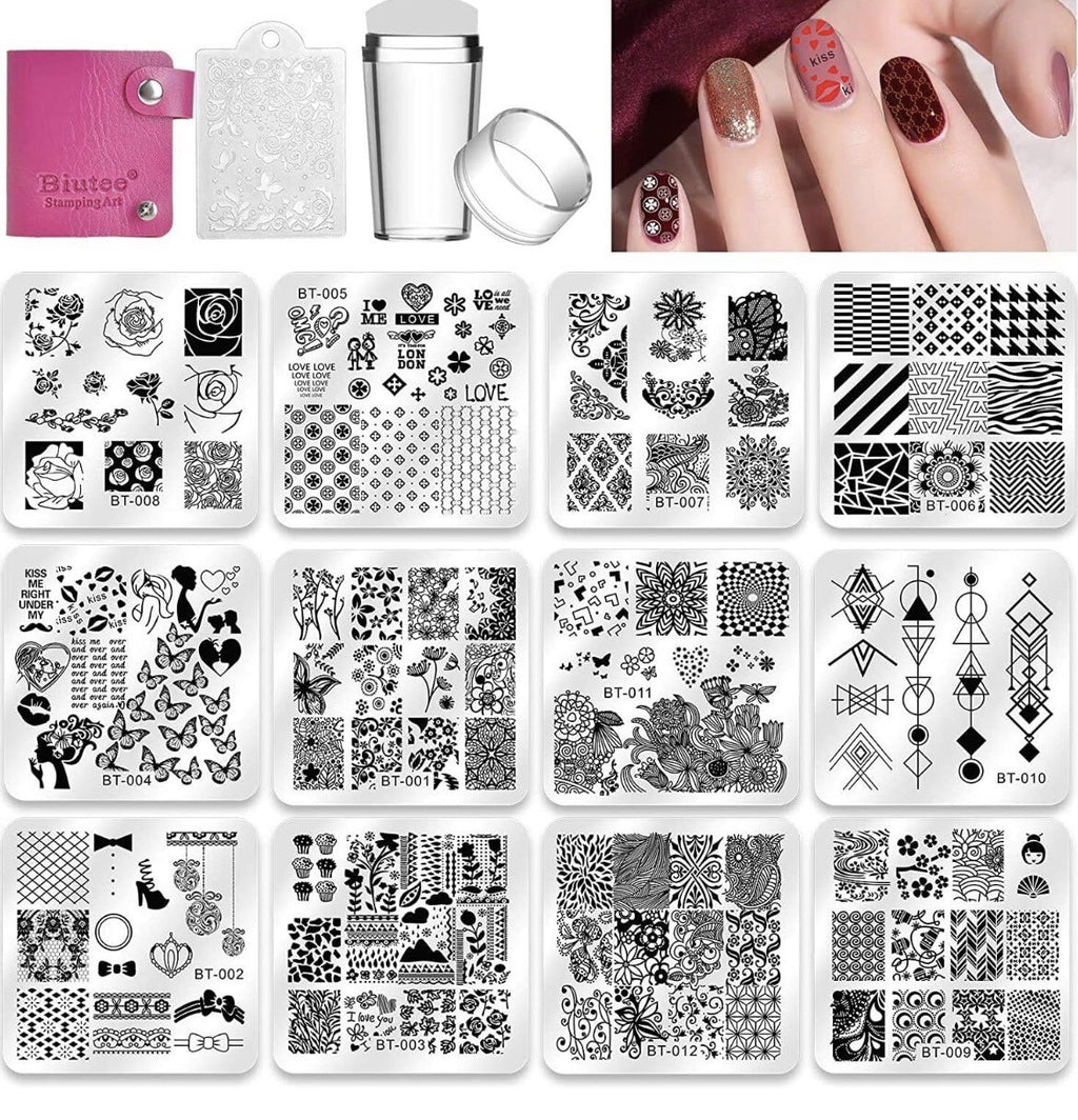 Nail Stamping Plates Set 12Pcs with Stamper, Scraper & Storage Bag - Nail Art Tools