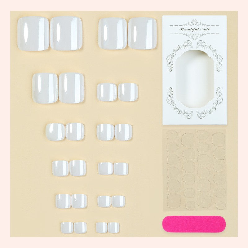 48Pcs Pearl White Aurora Toe Press-On Nails for Summer Daily Wear