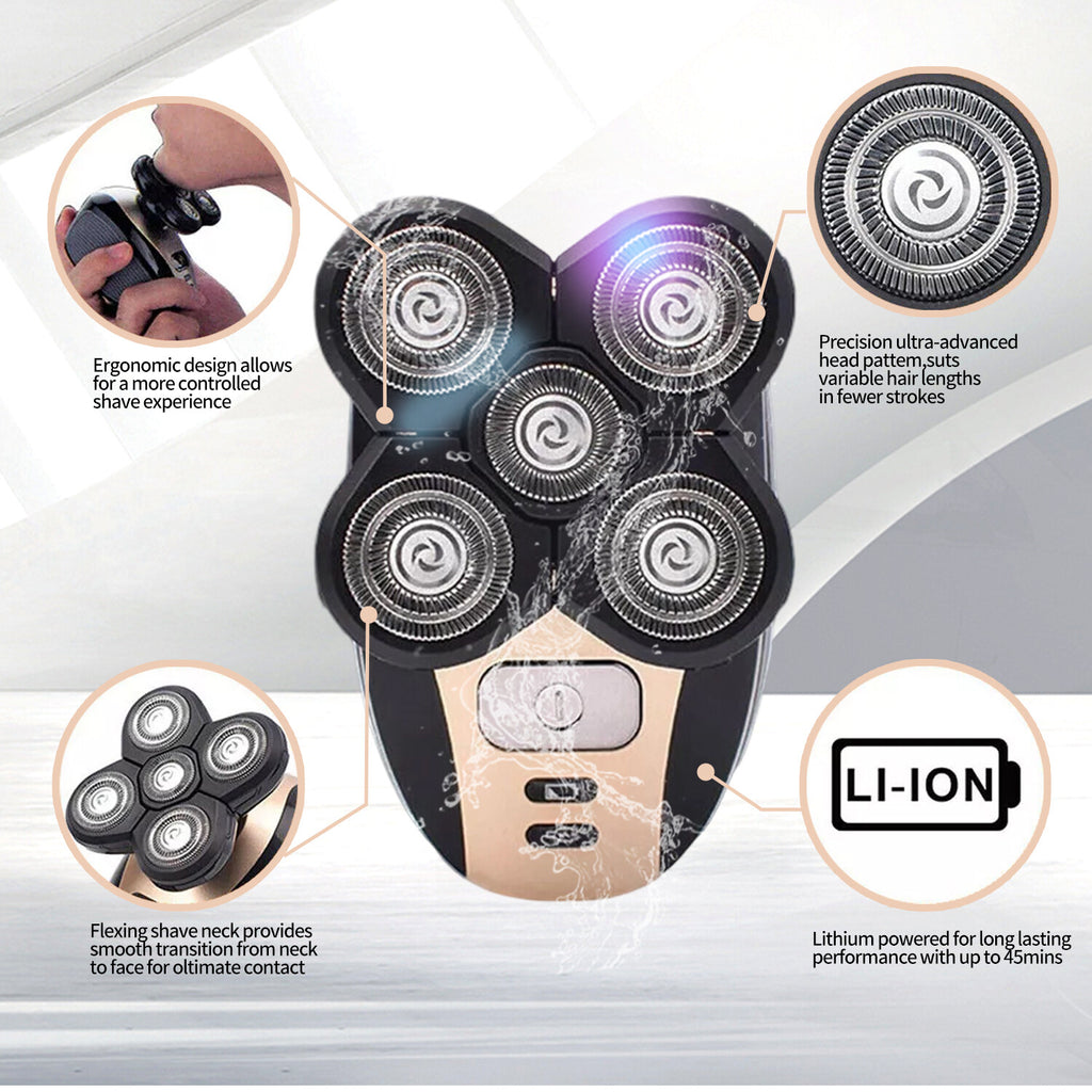 5-in-1 Rotary Electric Shaver for Bald Head and Face Trimming, Rechargeable