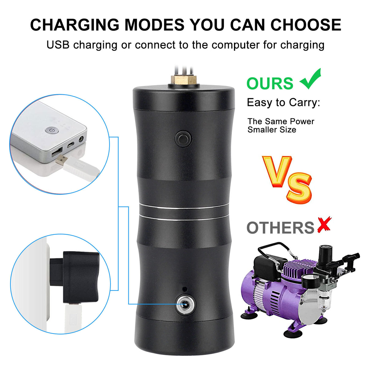 Portable Airbrush Kit for Art and Nails - Mini Air Compressor 7.4V, Aluminum