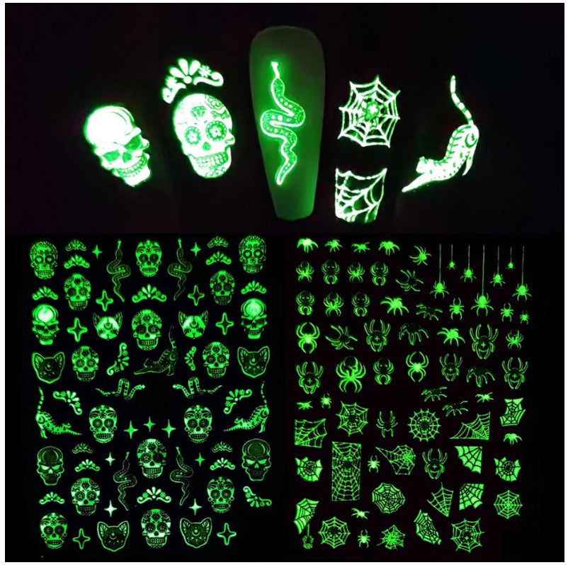 Glow-in-The-Dark Halloween Nail Stickers - Skull Ghost Pumpkin Spider Web Bat 6 Pack