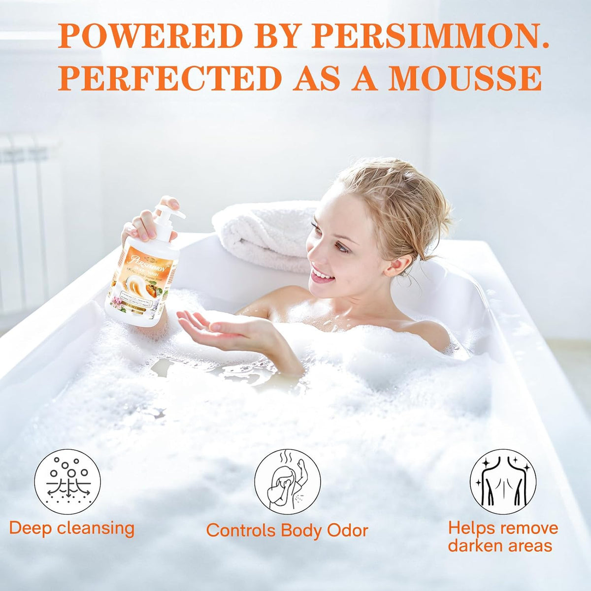 Persimmon Body Wash for Aging Odor, 17.8 FL Oz Foaming Mousse for Older Skin