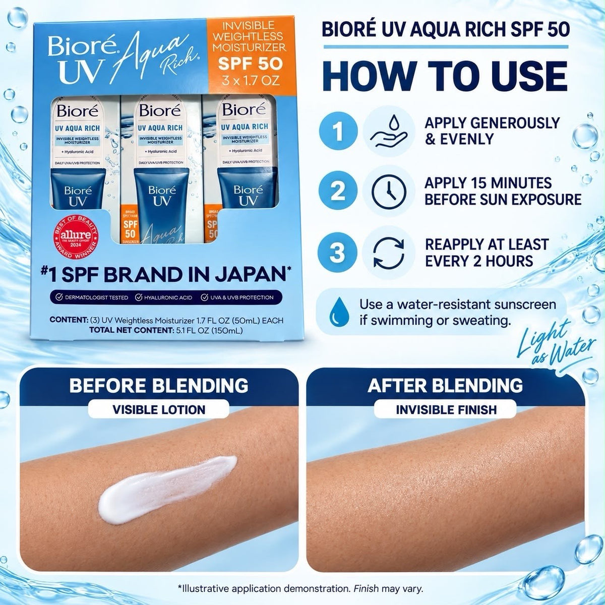 Biore UV Aqua Rich SPF 50 Moisturizer - 2 Pack, Lightweight, Hydrating Sunscreen