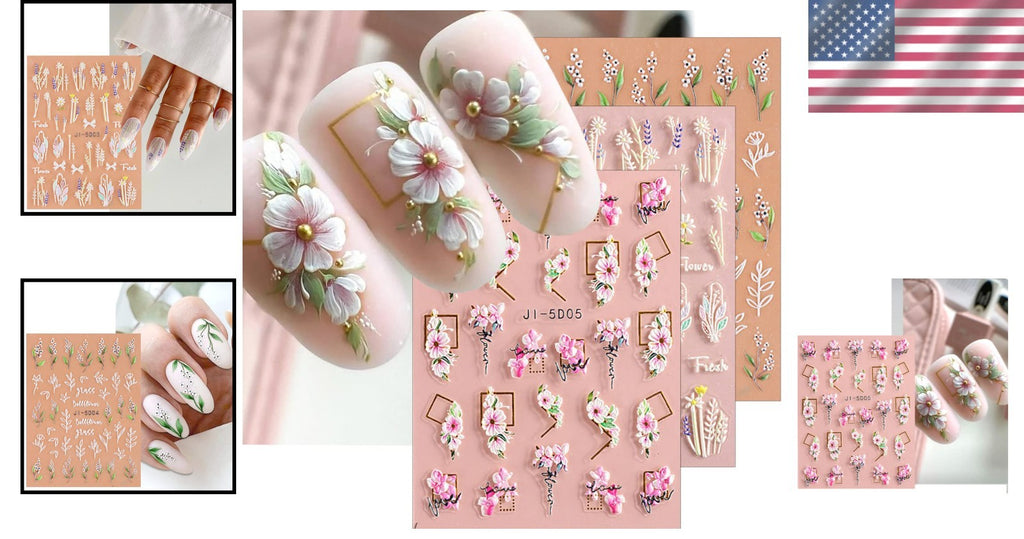 3D Embossed Flower & Leaf Nail Art Stickers Set - Self-Adhesive Decor