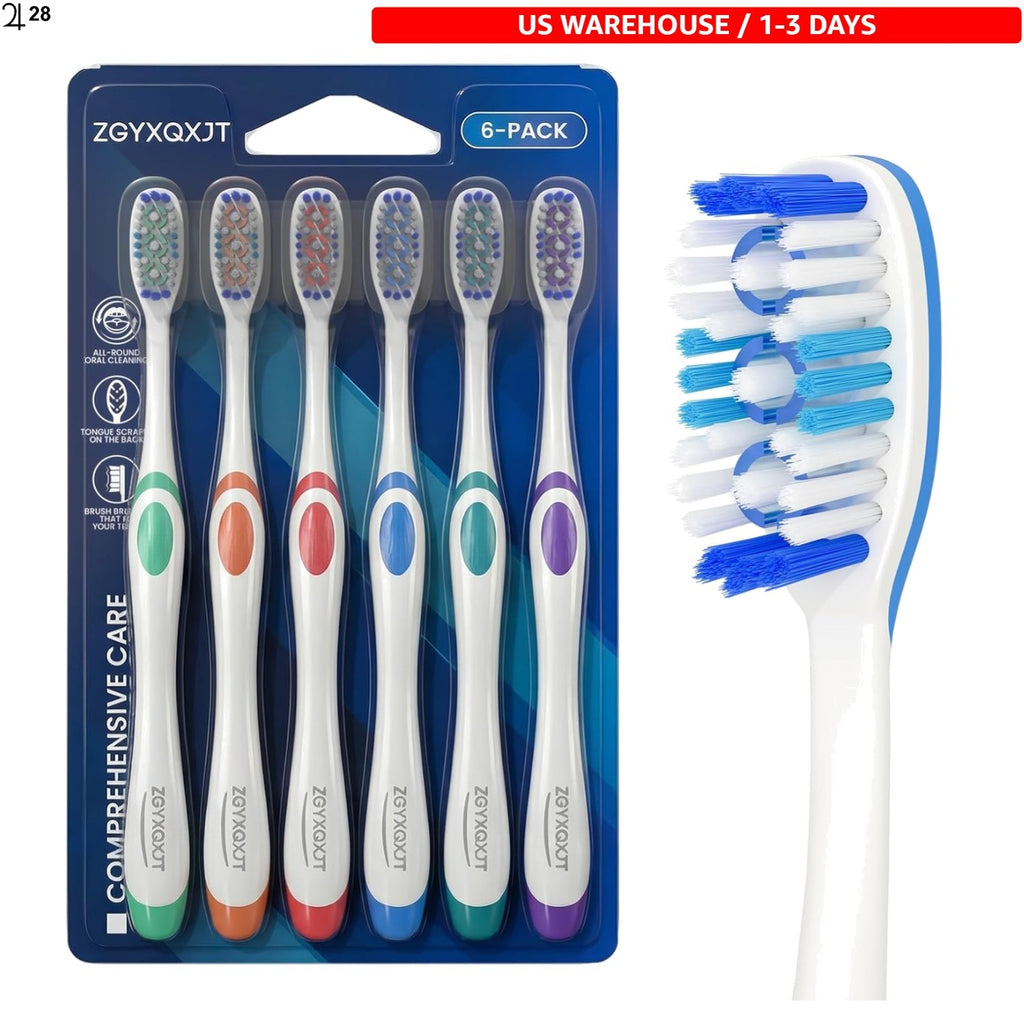Manual Toothbrushes Pack with Wavy Bristles & Tongue Cleaner for Adults