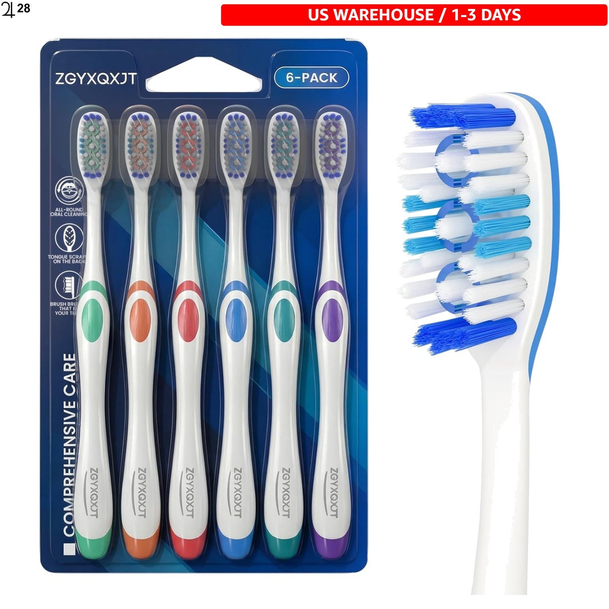 Manual Toothbrushes Pack with Wavy Bristles & Tongue Cleaner for Adults
