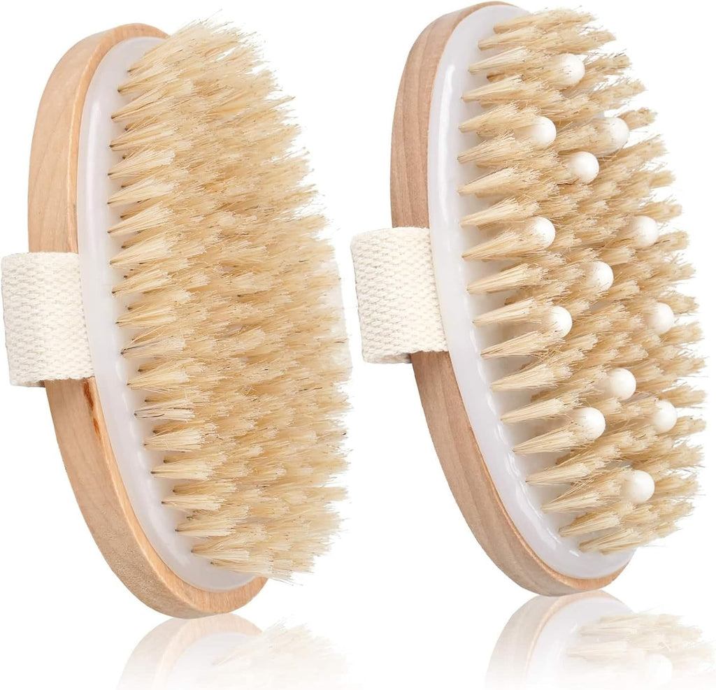 Dry Body Brush with Natural Bristle for Exfoliating & Massage - 2 Pack