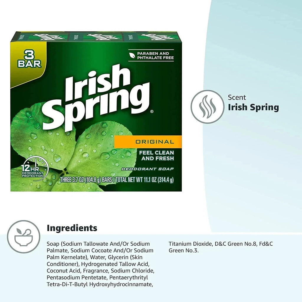 Irish Spring Original Deodorant Bar Soap Pack of 6 - 3 Bars Each