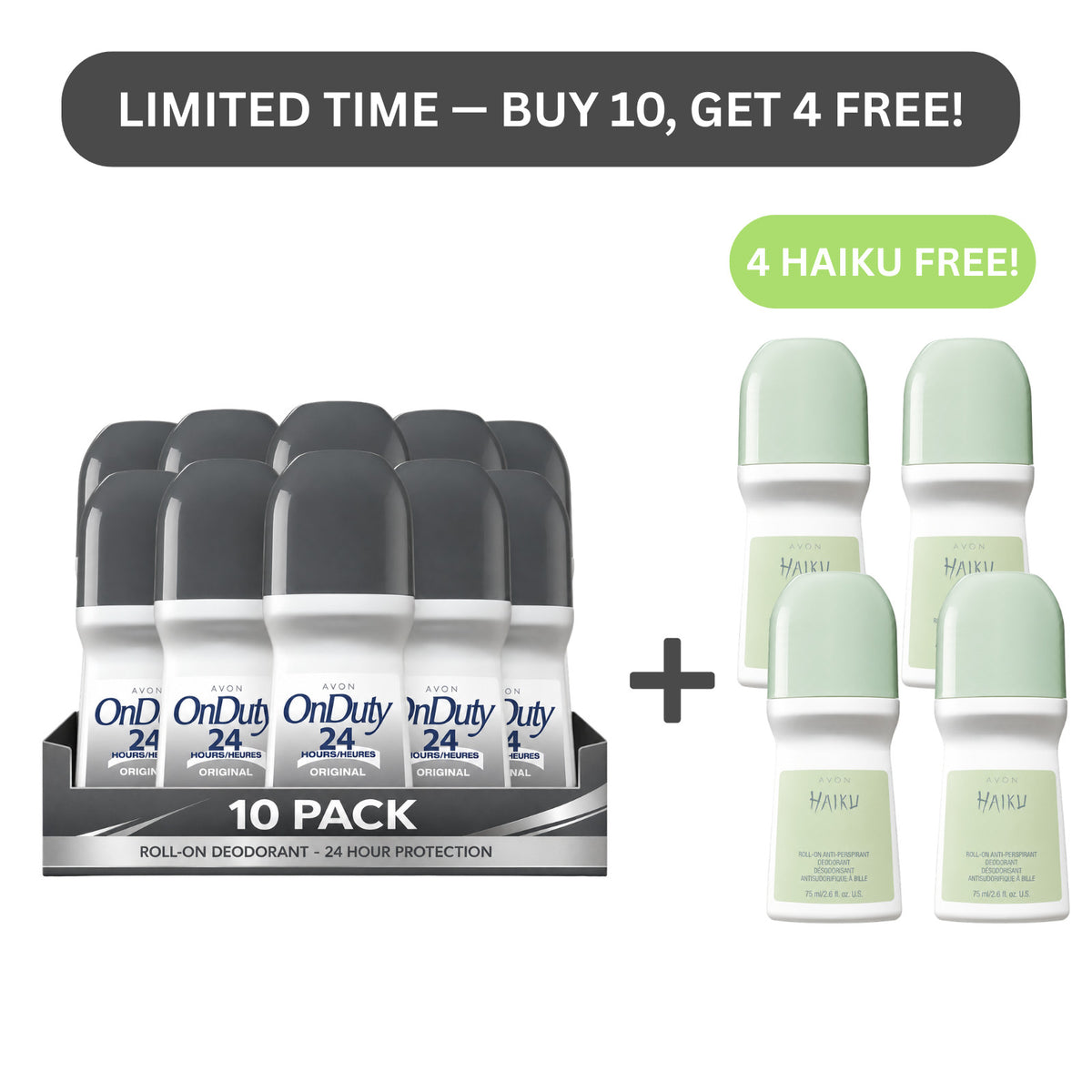 Bulk Avon On Duty Roll-On Antiperspirant Deodorant 2.6oz Pack with Free Haiku