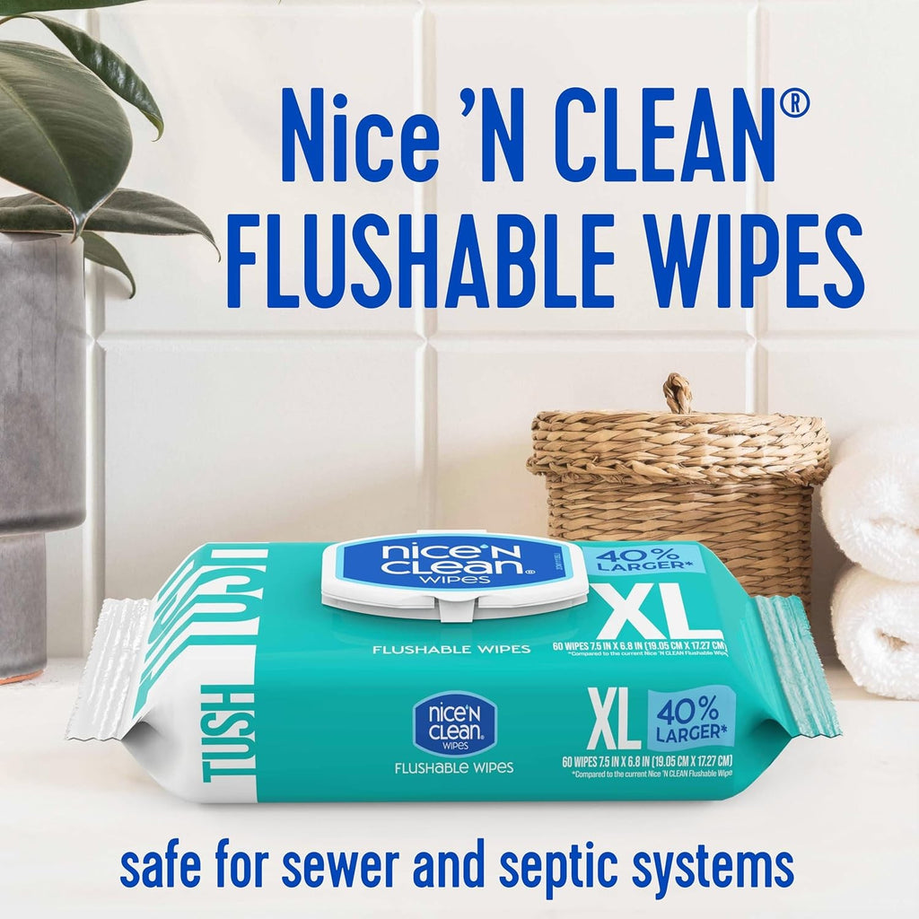 Extra Large Flushable Adult Wipes - 40% Larger, Unscented, Hypoallergenic, 180 Count