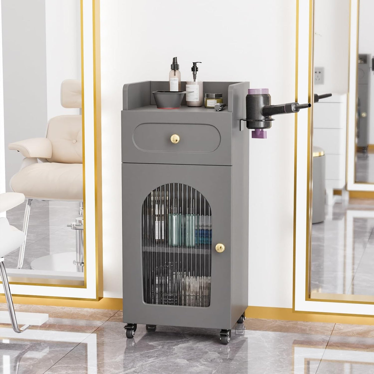 Salon Mobile Trolley Cart with Glass Door & Lockable Storage