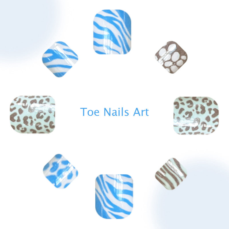 48pcs Short Square Press-On Toe Nails Blue White Leopard Zebra Print