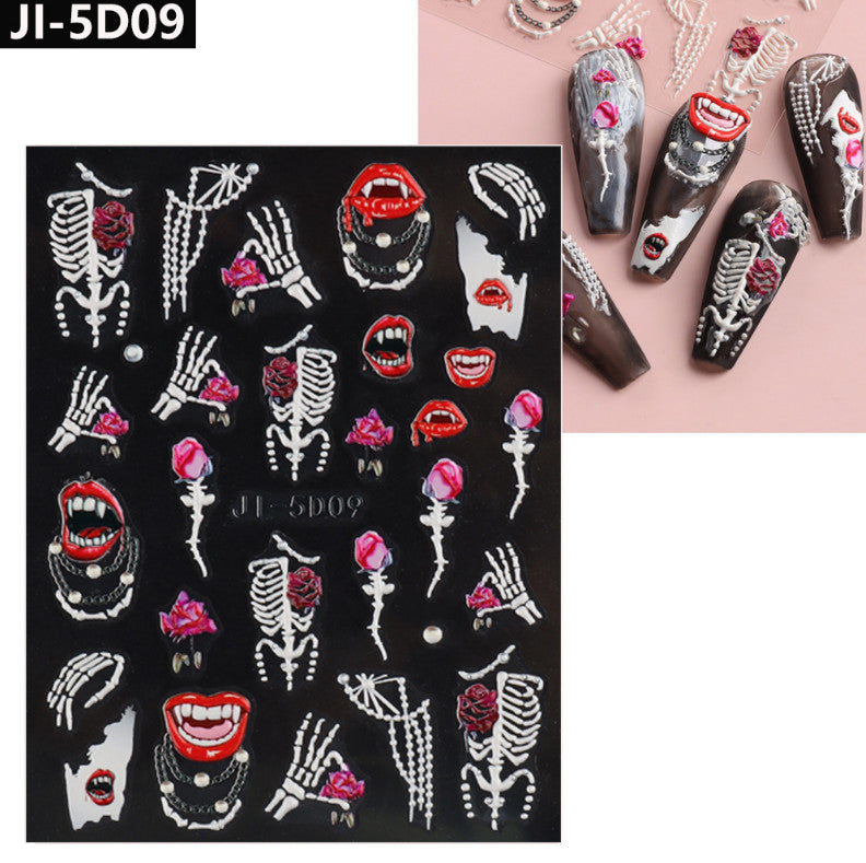 Halloween Nail Decals Horror Puppet Doll Bones Red Lips Pattern Sticker - 5D Nail Art