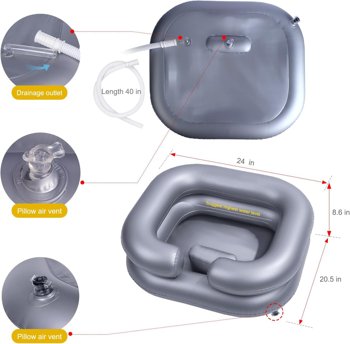 Inflatable Hair Washing Basin with Drain Tube - Portable Silver