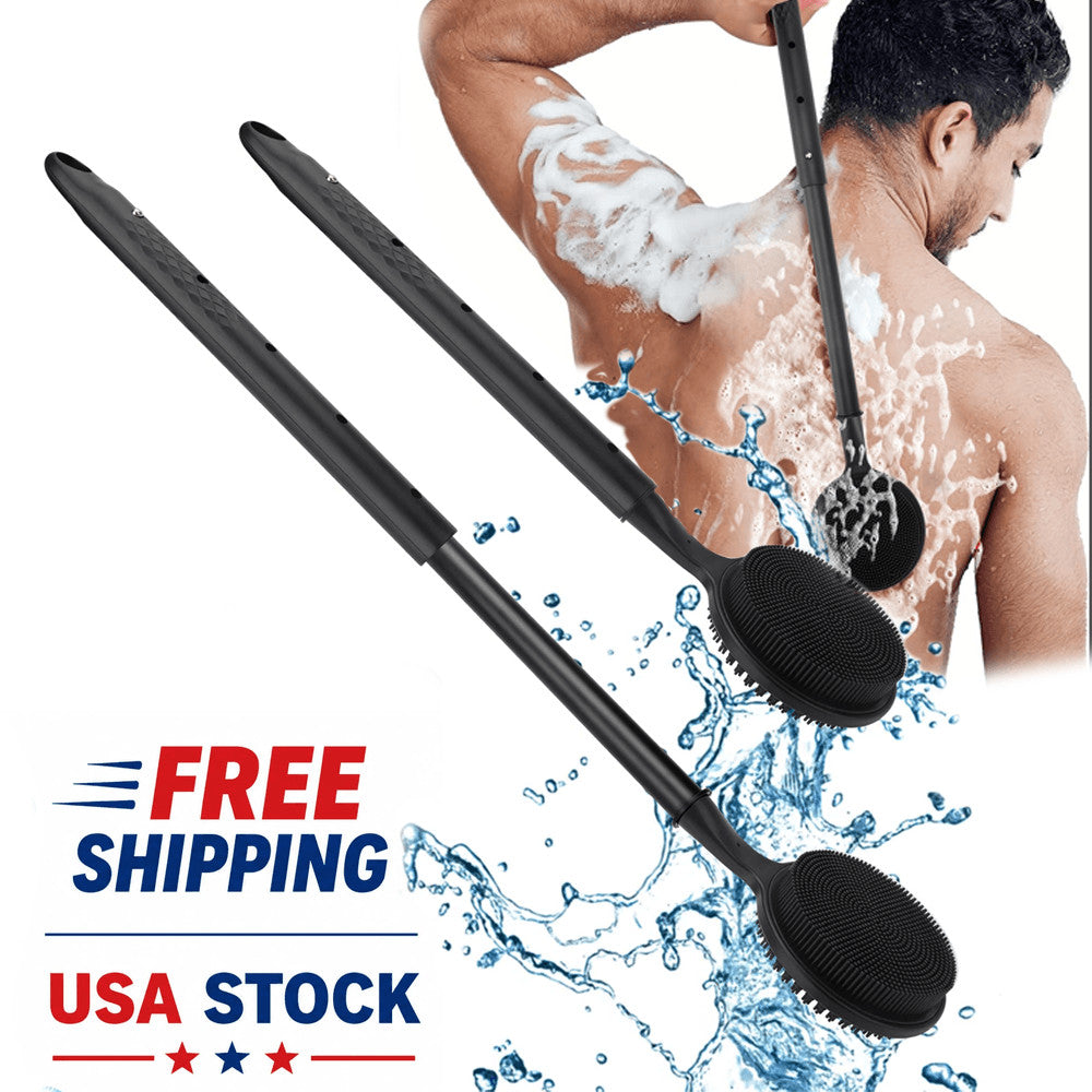 Long Handle Silicone Body Scrubber with Soft Bristles for Shower Exfoliation