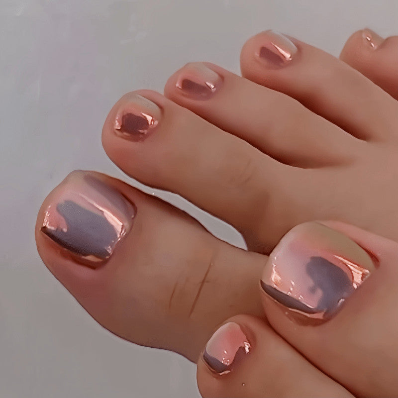 48pcs Short Square Toe Press-On Nail Set Pink Rose Mirror Solid Foot Nails