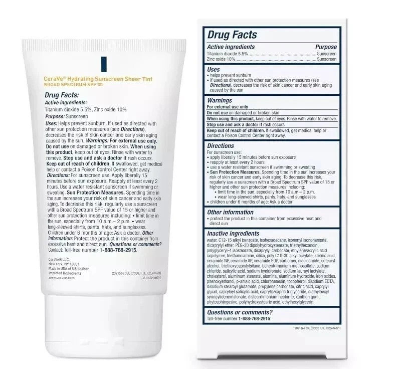 CeraVe SPF 30 Tinted Mineral Sunscreen Face SPF 30 50ml - Sheer Tint, Moisturizer & Primer