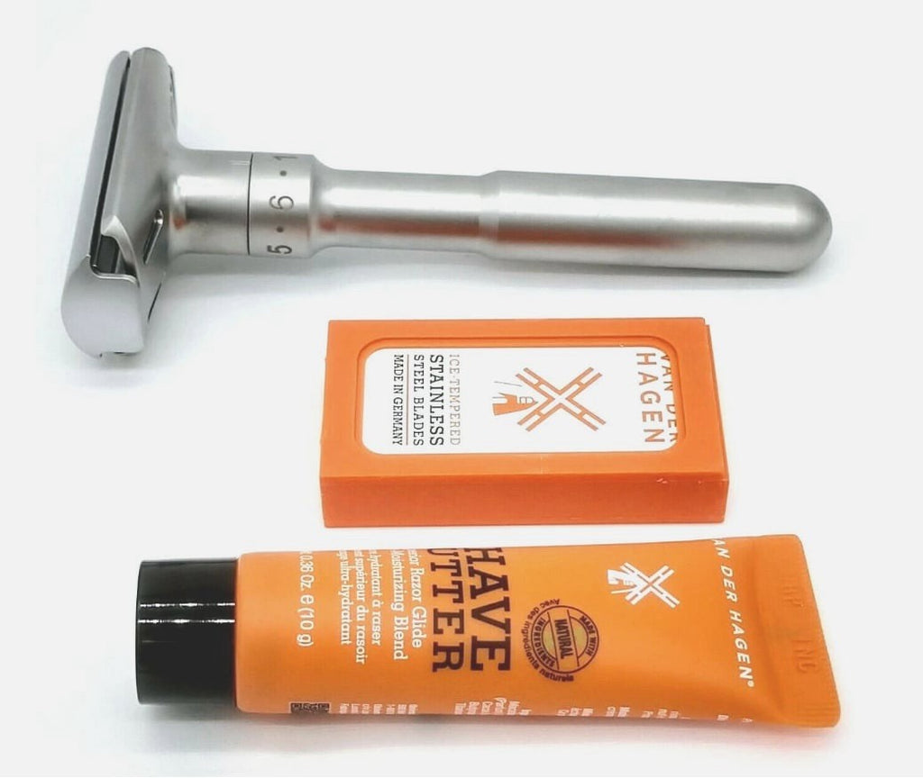 Van Der Hagen Adjustable Safety Razor with 5 Blades & Shave Butter Sample