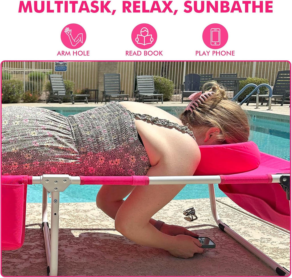 Outdoor Folding Sun Lounger with Canopy and Face Hole - Heavy Duty Pink