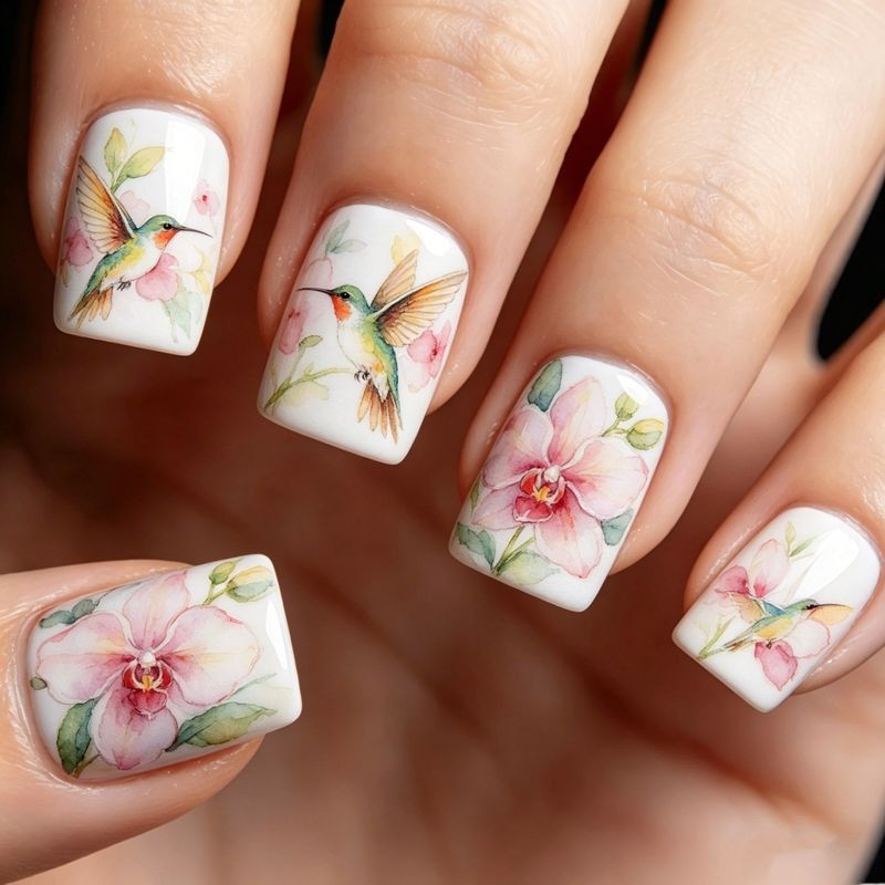 96Pcs Short Square Nail Set with Hand Painted Unicorn Hippo Hummingbird & Flowers