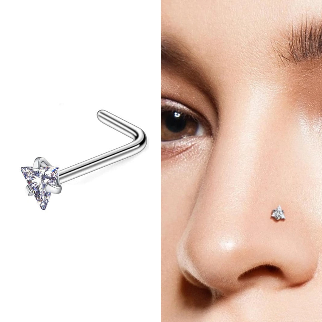 18G Triangle CZ Gem L Bend Nose Ring Prong Set Stainless Steel 316L