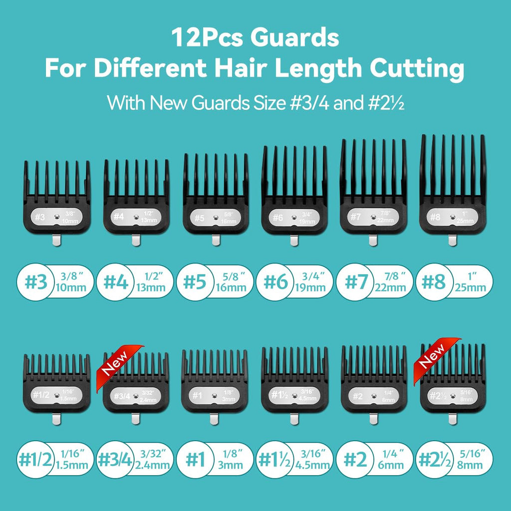 12-Piece Hair Clipper Guard Set with Adjustable Lengths from 1/16" to 1" for Wahl Clippers
