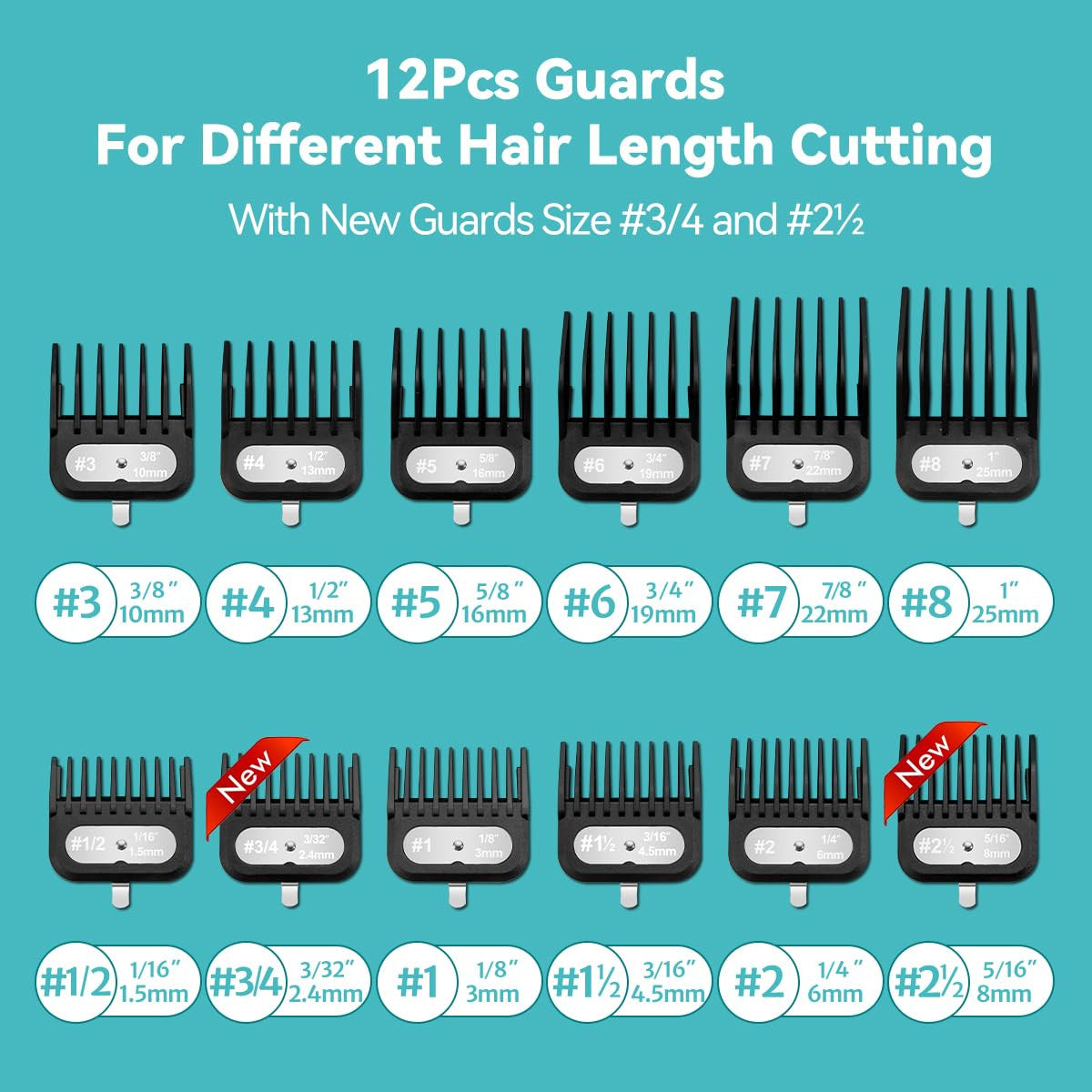 12-Piece Hair Clipper Guard Set with Adjustable Lengths from 1/16" to 1" for Wahl Clippers