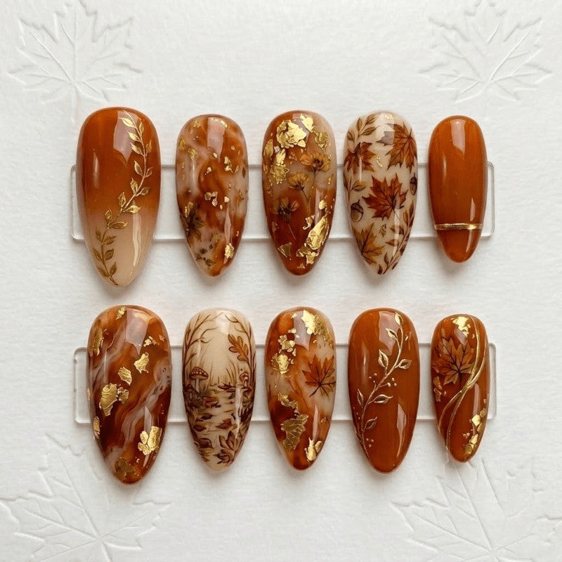 Maple Leaf Handmade Press-On Nails with Gold Foil and Marble Finish - Fall Elegant Fake Nails