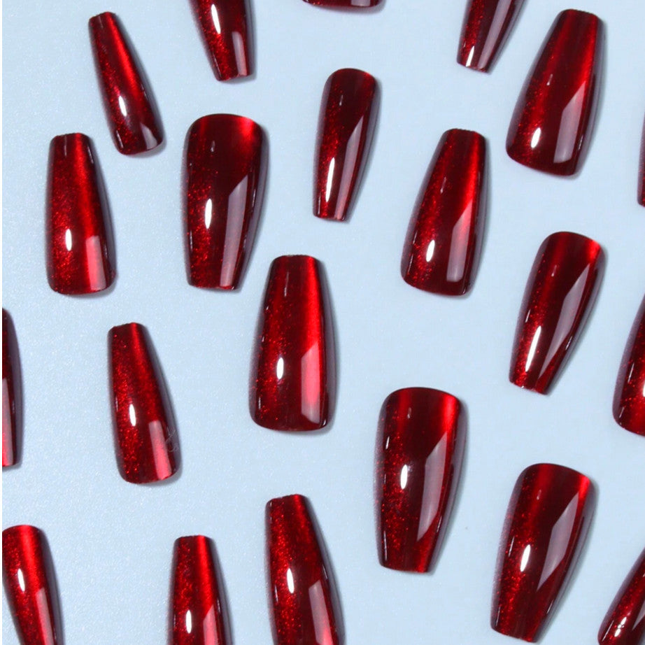 Medium Red Cat Eye Coffin Nail Tips - Full Cover Press-On Set