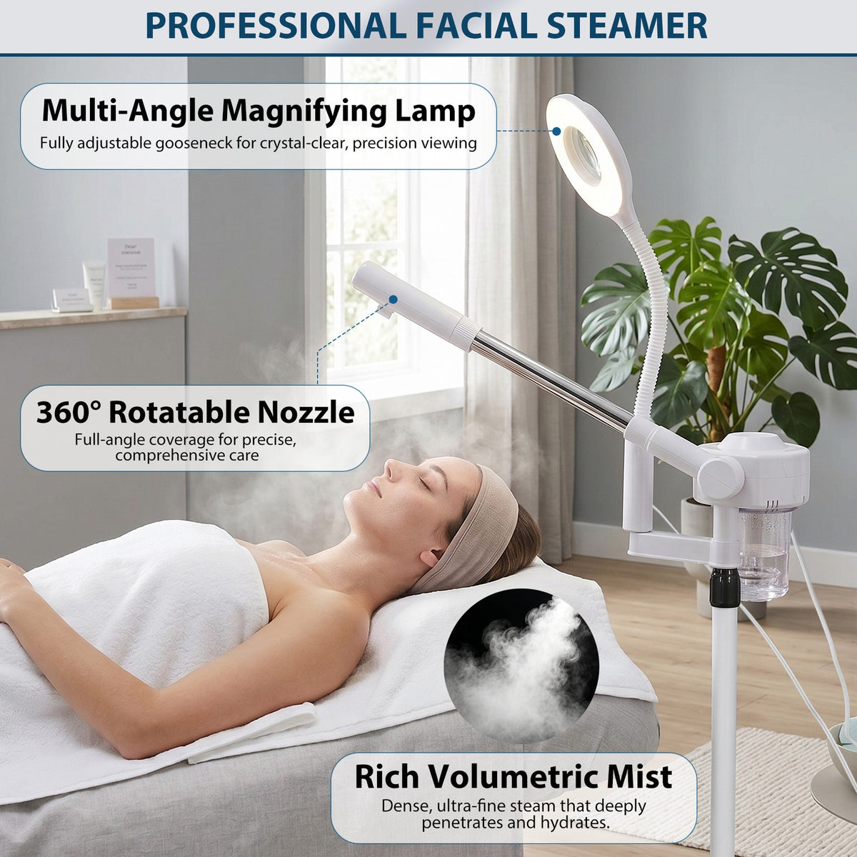 Professional 2-in-1 Facial Steamer with Adjustable Spray Arm and LED Magnifier Light