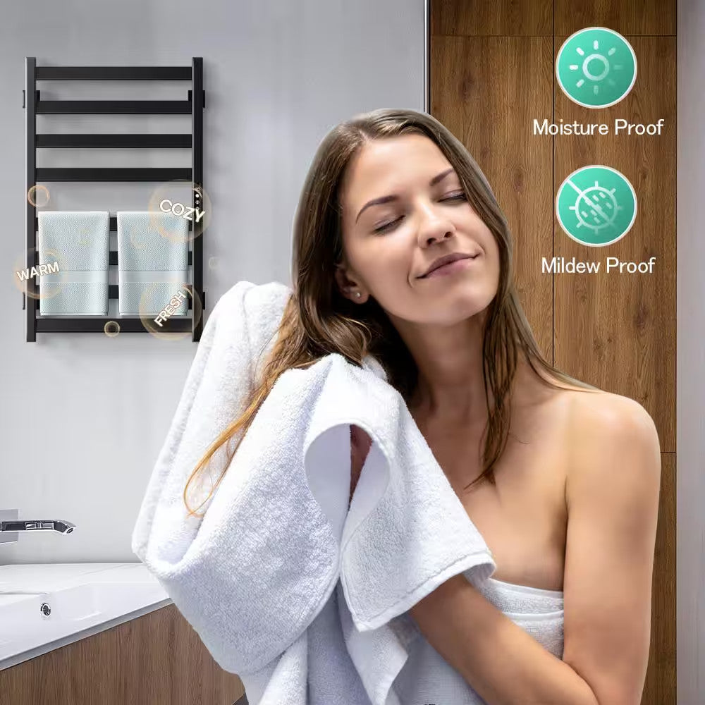 Electric Wall-Mounted Towel Warmer with 8 Bars - Black, Plug-In & Hardwired