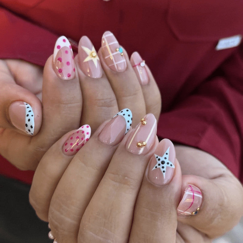 Press On Nails Set for Nail Art - 60 Pink White Grid Rhinestones Glossy Almond Shape