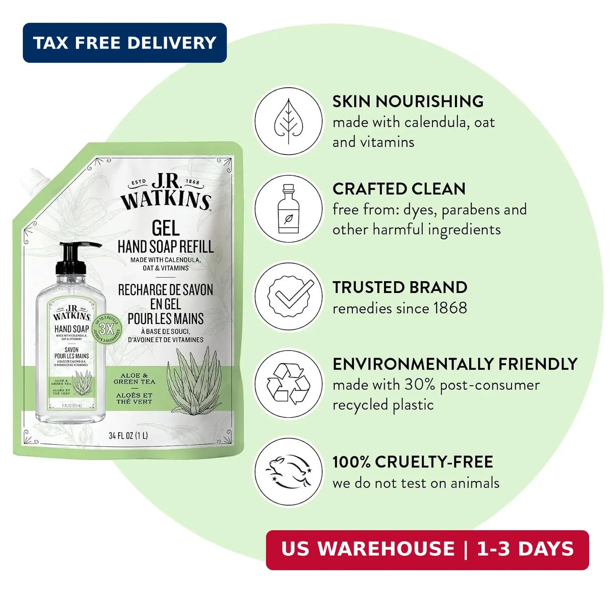 Hand Soap Refill Aloe & Green Tea - Moisturizing Liquid Hand Wash 34 Fl Oz Pack of 2
