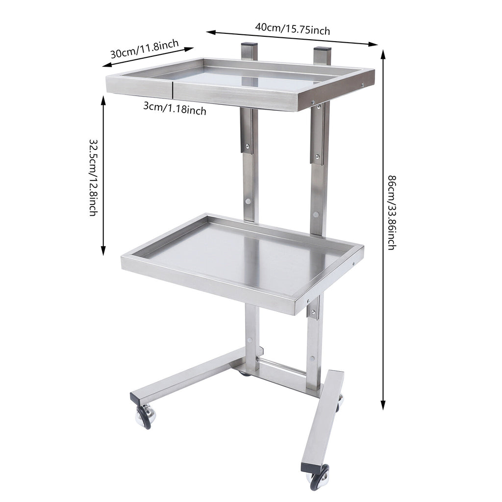 Stainless Steel 2-Tier Medical & Salon Trolley Cart with Wheels