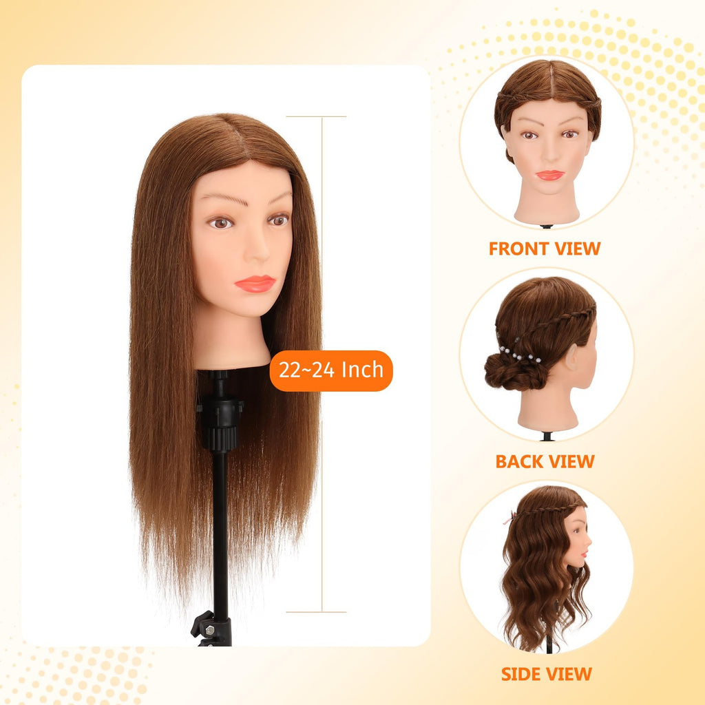 Real Human Hair Mannequin Head for Cosmetology Practice Dark Brown
