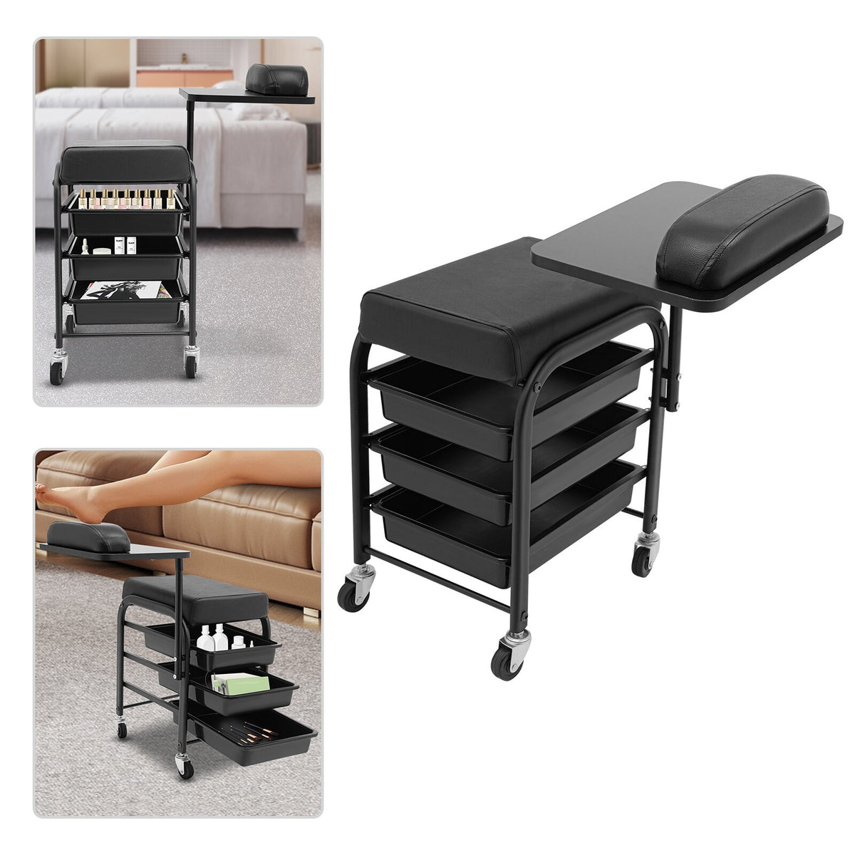 Portable Nail Salon Cart with Drawers and Cushioned Support