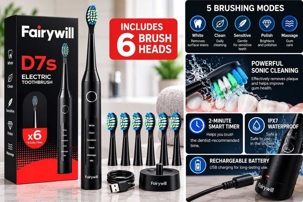 Electric Toothbrush with 5 Modes & 6 Replacement Heads - Waterproof Rechargeable Sonic Brush