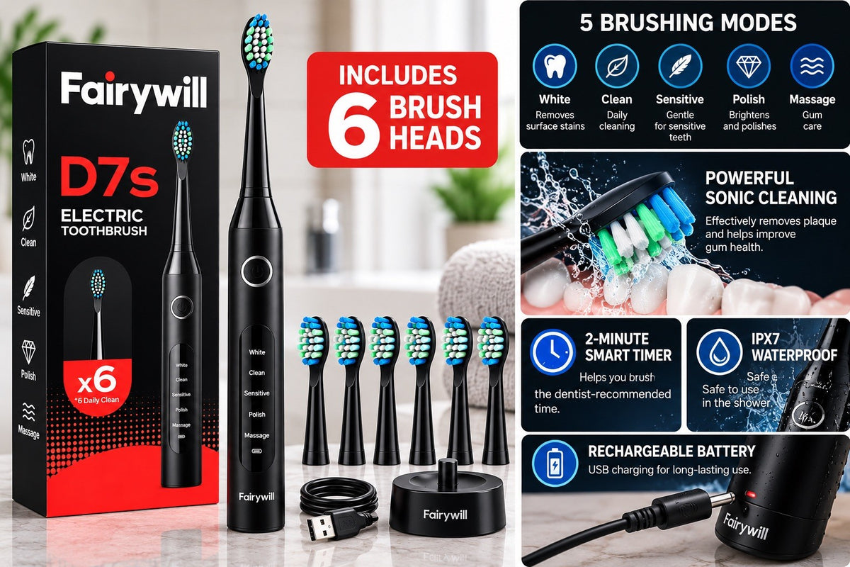 Electric Toothbrush with 5 Modes & 6 Replacement Heads - Waterproof Rechargeable Sonic Brush