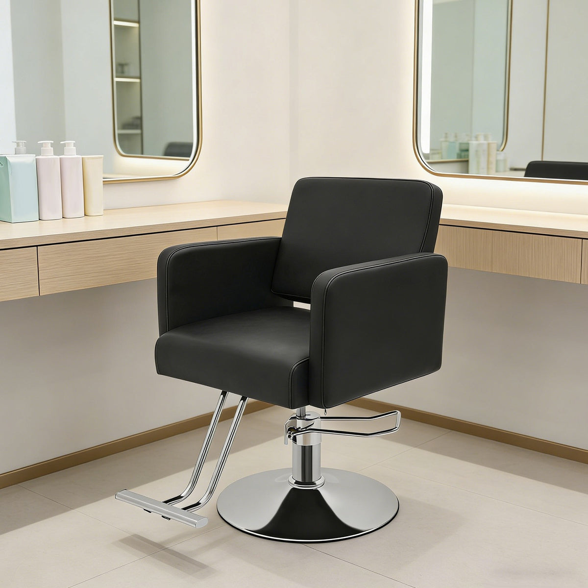 Adjustable Black PU Barber Chair with Footrest, 360° Swivel Salon Seating