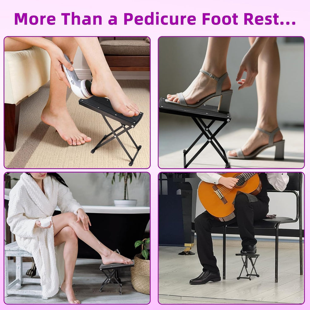 Adjustable Metal Pedicure Stool with 6 Height Levels, Foldable Salon Chair - Black