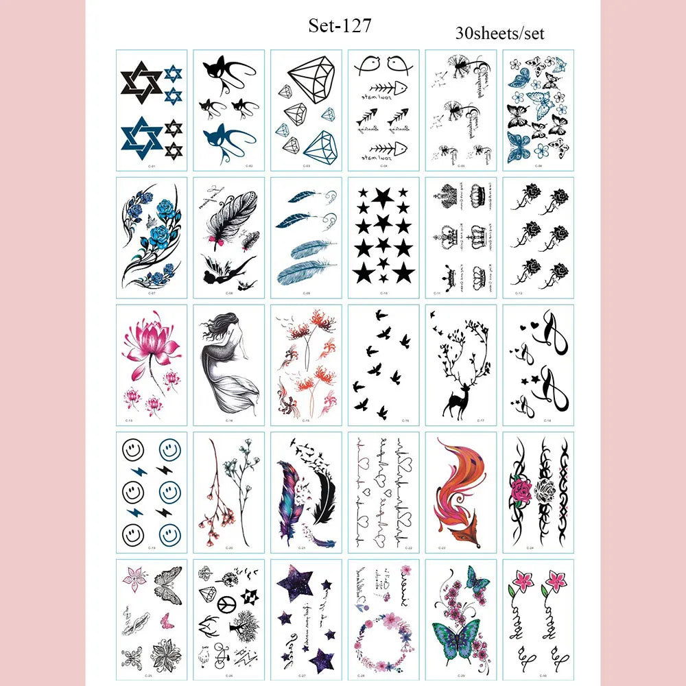 Waterproof Temporary Tattoos Set – Butterfly, Rose & Feather Stickers (Disposable)