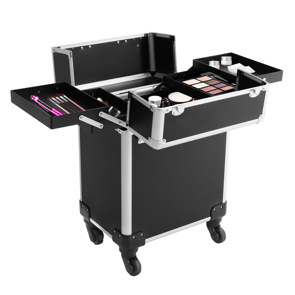 Rolling Makeup Train Case with Locking Compartments and Wheels - Salon Beauty Organizer