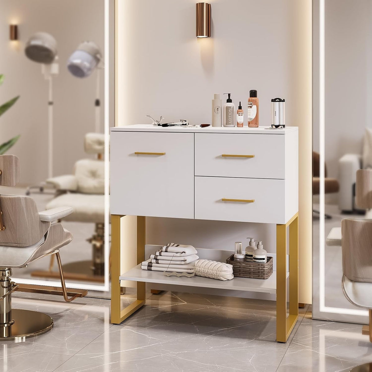 Freestanding Salon Cabinet with 3 Tool Racks for Hairdryers & Curling Irons