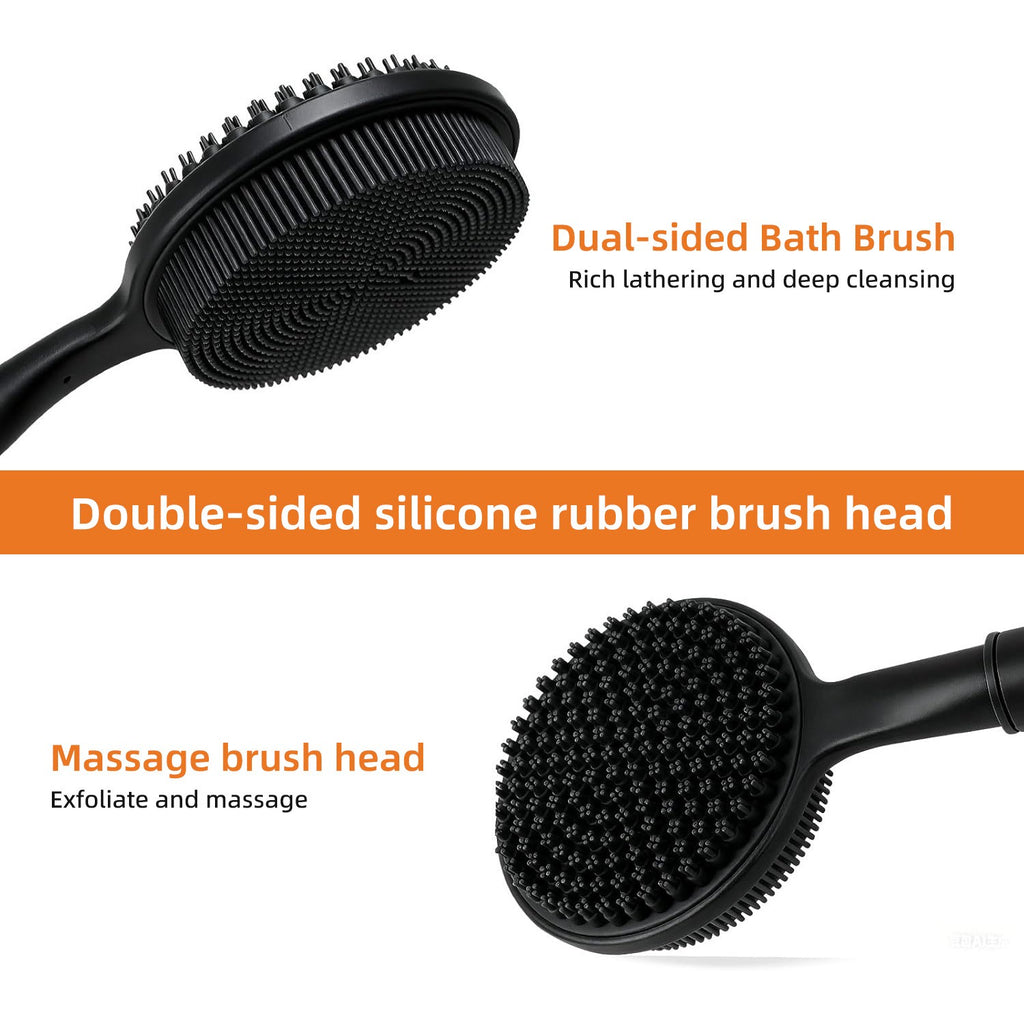 Long Handle Silicone Body Scrubber with Soft Bristles for Shower Exfoliation