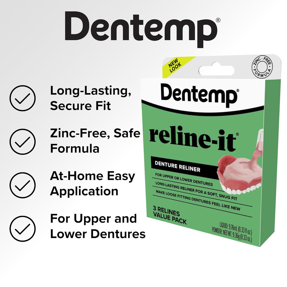 Denture Reline Kit - Advanced Formula for Tight, Comfortable Fit - 3 Relines