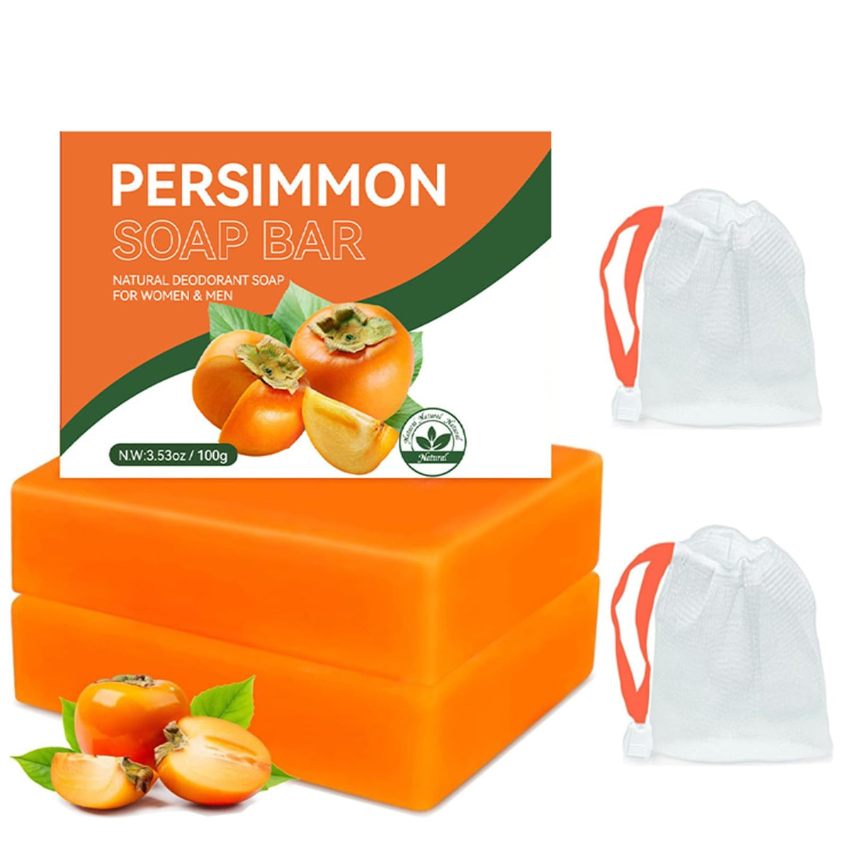 Persimmon Deodorant Soap Bar for Body Odor Control - Natural & Organic, 2-Pack