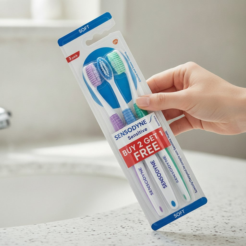 Sensitive Toothbrushes 3-Pack with Oval Head and Soft Bristles for Gentle Cleaning